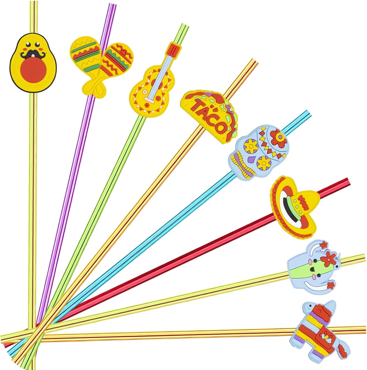 24pcs Cinco De Mayo Fiesta Theme Beverage Cocktail Straws for Mexico Fiesta Taco Party Supplies Party Favor with 2 Pieces Straw Cleaning Brushes, 6 Colors Straws